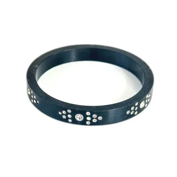 Vintage Black Plastic Bangle – Inset Rhinestones, Art Deco Style - Picture 5 of 6
